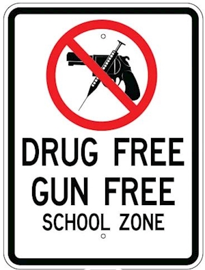 Image shows text: Drug Free Gun Free School Zone on aluminum sign with no guns or drugs symbol